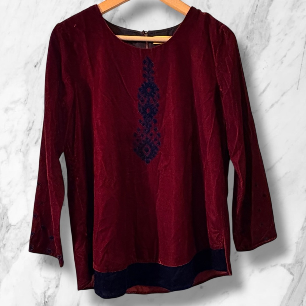 Elegant Benares Burgundy & Blue Women's Top Small Long Sleeves Decorative - Picture 2 of 7